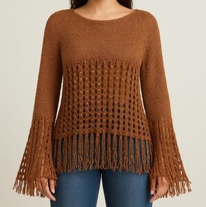 R.J Metallic Bronze Shimmer Crochet Fringe Knit Top Boho Festival Sweater L